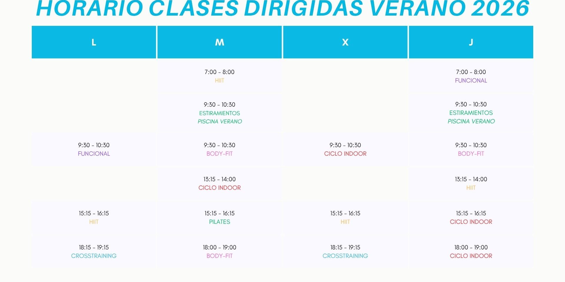 Horario Clases Dirigidas Verano 2026 – Piscina Onda