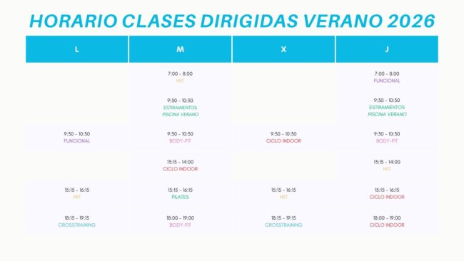Horario Clases Dirigidas Verano 2026 – Piscina Onda